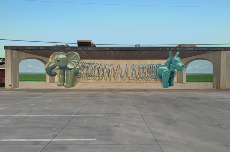 'Common Ground’ my latest mural for Boom Festival in Salina Kansas US. Although different views and opinions are important for a healthy society, we can experience a greater increase in polarization in recent decades, which severely limits bridging or interactions. In this work I would like to express that we are all connected despite differences in opinion. I see communication with positive sentiment and respect as a good carrier for social connection.